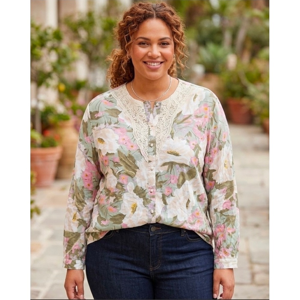 Vintage Venezia Floral Lace Trim Button Down Blouse Pink Sage Rayon Plus 26/28